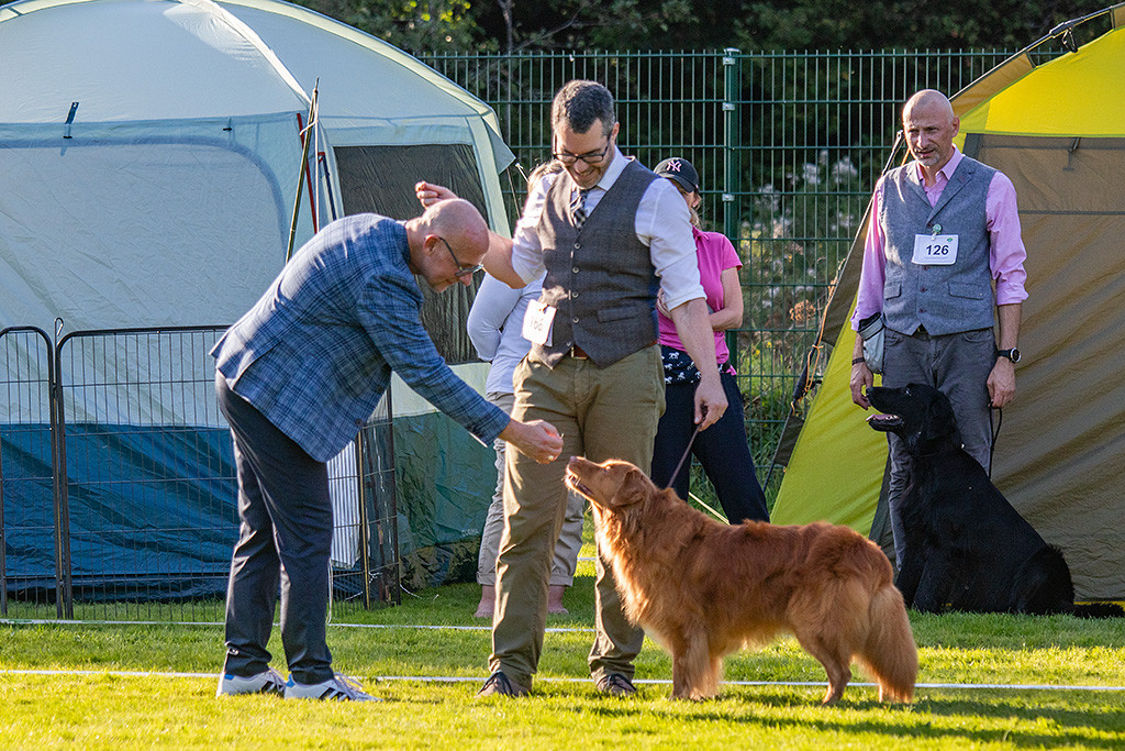 Edison streckt seine Schnute zum Richter, der seine Hand zu ihm ausstreckt