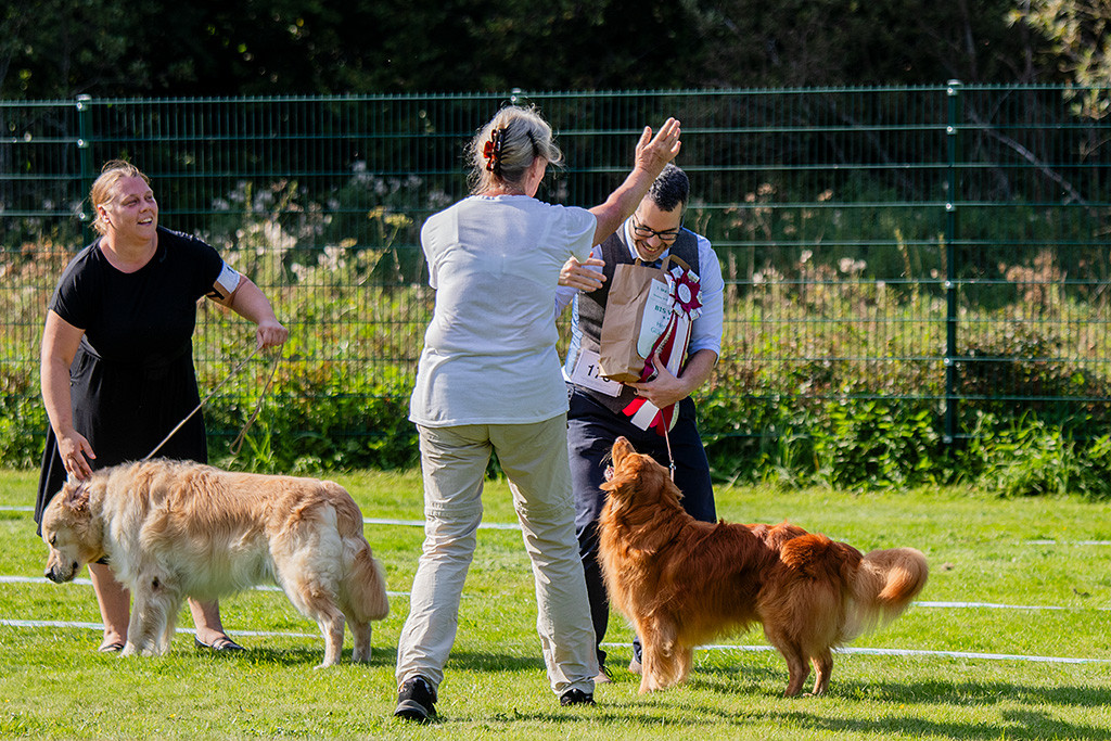 Die Richterin ernennt Edison zum Best Veteran in Show und übergibt die Schleife Stephan