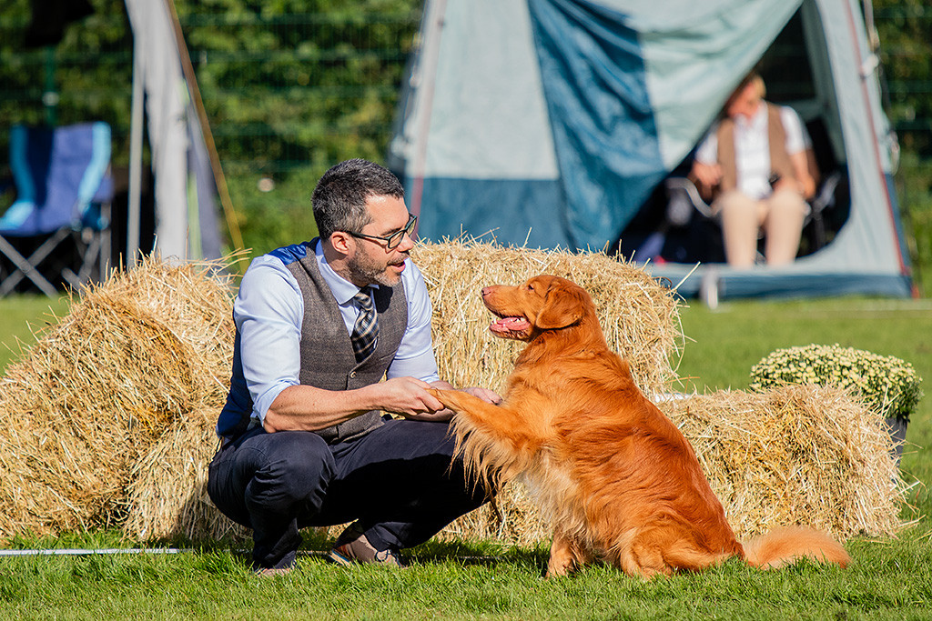 Newton sitzt vor Stephan, der kniend eine Pfote von ihm in der Hand hält
