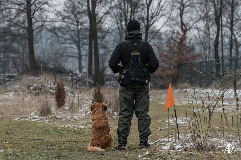 Edison sitzt neben Stephan, die auf dem Trainingsplatz in die Ferne schauen, beide in der Rückenansicht