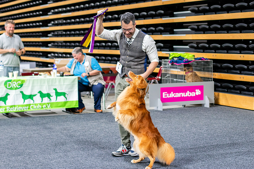 Edison steht allein auf den Hinterbeinen und freut sich mit Stephan, der die Best in Show Schleife in die Höhe hält