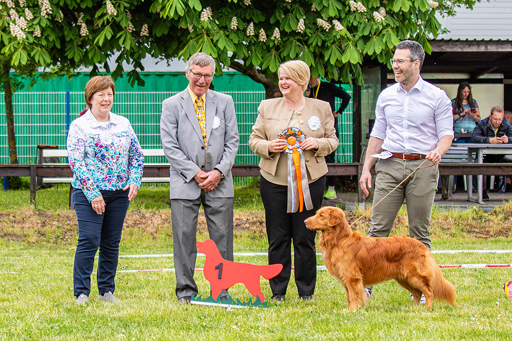 Newton steht in Pose vor allen drei Richtern und Stephan, die alle zusammen lachen