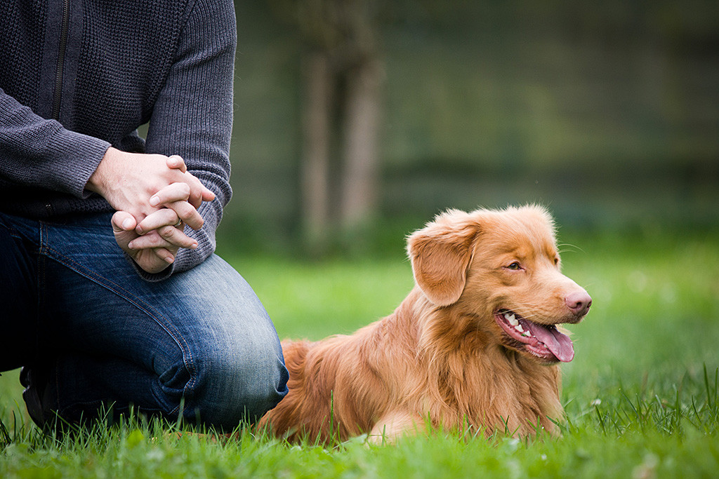 Edison liegt neben einem hockenden Stephan im Gras und lächelt dabei