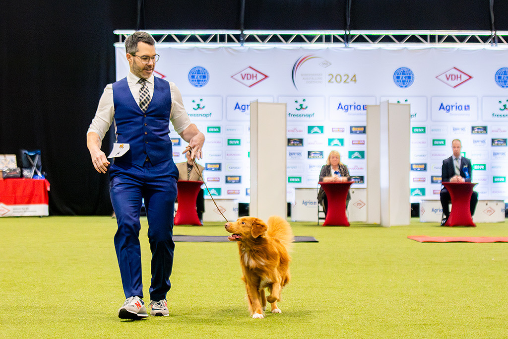 Newton läuft freudig an Stephans Seite auf die Kamera zu und ist dabei kurz vor der Wende, im Hintergrund sind alle drei Richter zu sehen