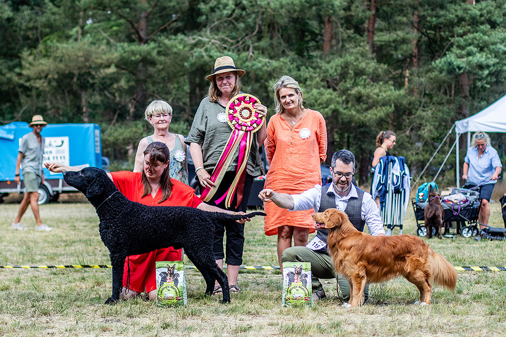 Samu und Newton posieren für das Siegerfoto, dahinter Ann-Kathrin und Stephan, sowie alle drei Richterinnen