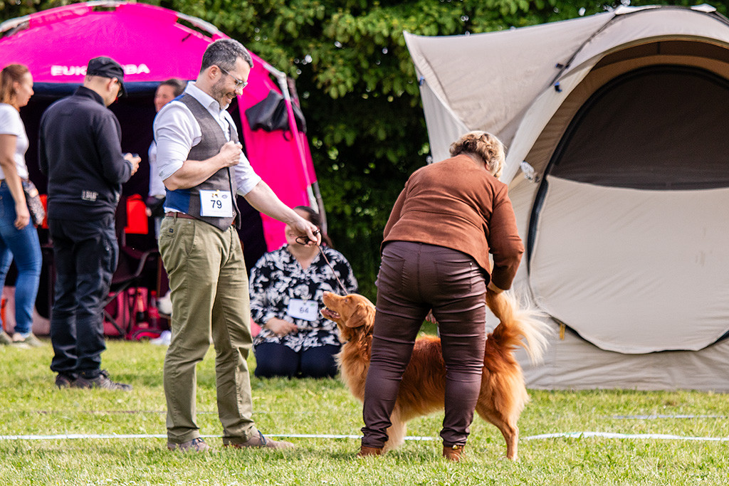 Edison steht lächelnd vor Stephan während die Richterin seine Rute inspiziert