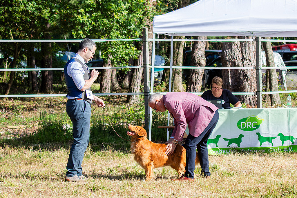 Newton schaut lächelnd hoch zu Stephan während der Richter seinen Rücken abtastet