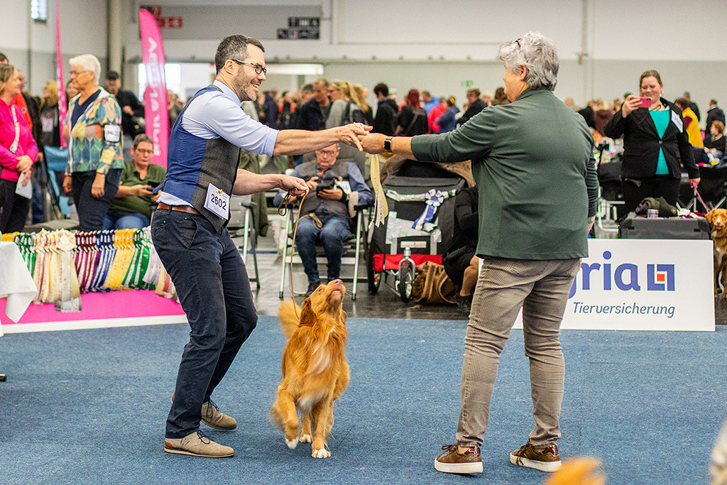 Stephan bekommt die CACIB-Schleife von der Richterin überreicht, Newton schaut dabei neugierig nach oben