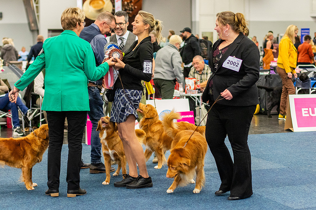 Gerja, Henk, Linda und Jennifer stehen mit ihren Tollern zusammen mit Stephan und Newton im Ring, alle freuen sich und lachen herzlich