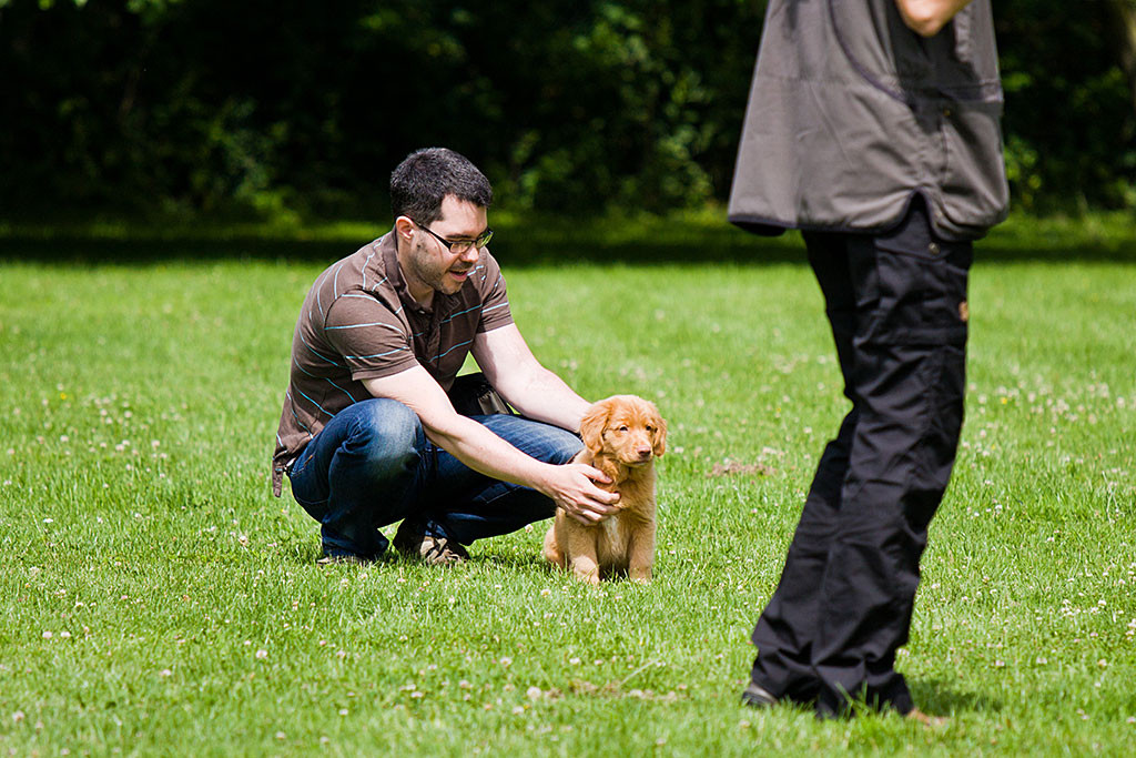 Edison sitzt aufmerksam schauend vor dem knienden Stephan auf der Wiese